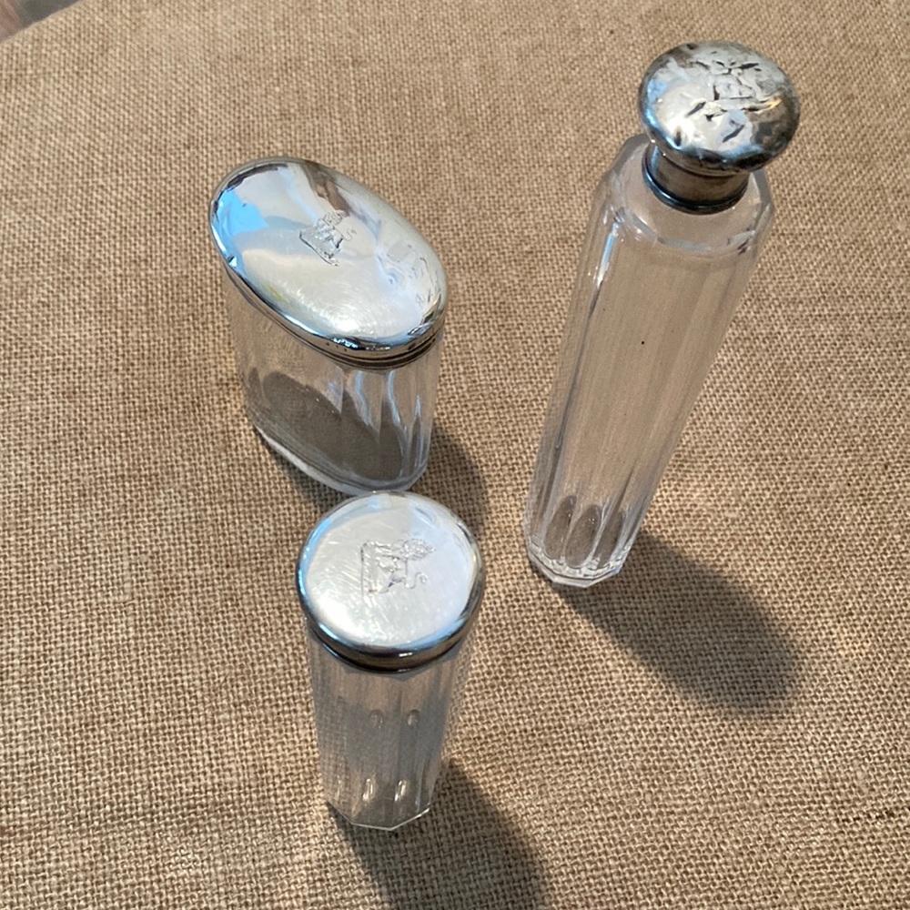 3piece antique sterling silver top glass bottle collection
